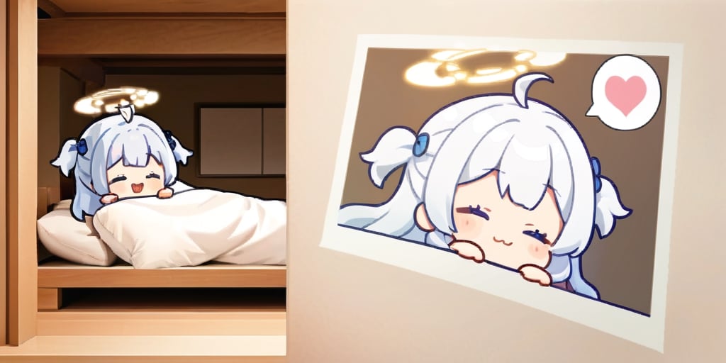 (chibi:1.3), masterpiece, made by a master, 4k, perfect anatomy, perfect details, best quality, high quality, lots of detail.
(solo),1girl, ((angel)), ((white hair)), (long hair:1.3), (two side up), blue eyes,  (curly hair:1.2), (wavy hair), (hair curls), (bangs), (two side up), two ((blue)) hair ties on head, ((Double golden halo on her head)), choker, ((angel wings)), ahoge, (white long sleeve hooded top), Black long pants, white socks, single, happy, smile, :3, thumbs up, shared speech bubble, spoken heart, futon, pillow, closed eyes, bed, sleeping, lying, under covers, blanket,, (full body) ,Emote Chibi. cute comic, (sakura background), flat color, Cute girl,dal,Chibi Style,lineart,