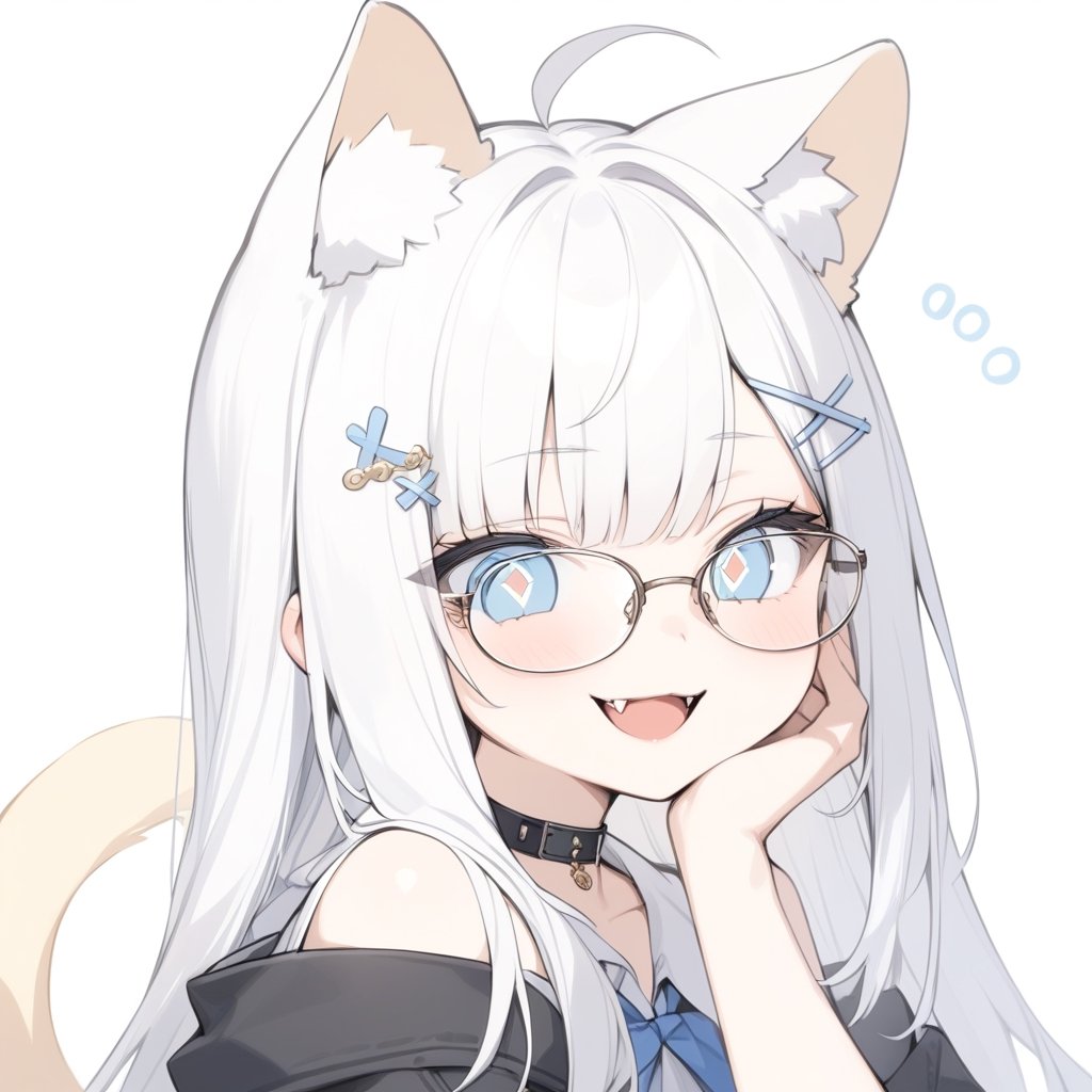 {{{masterpiece}}}, {{{best quality}}}, {{ultra-detailed}}, {beautiful detailed eyes},1girl, solo,  ((white hair)), very long hair, blue eyes, (straight hair), (bangs), animal ears, (stoat ears:1.2), Choker, ahoge, fangs, (big stoat Tail:1.2), (X hairpin), (White sleeveless collared dress, blue chest bow), (black hooded oversized jacket:1.2), (Off the shoulders), (glasses), O_O, smile, hand on face, upper body,chibi emote style,chibi,emote,aesthetic