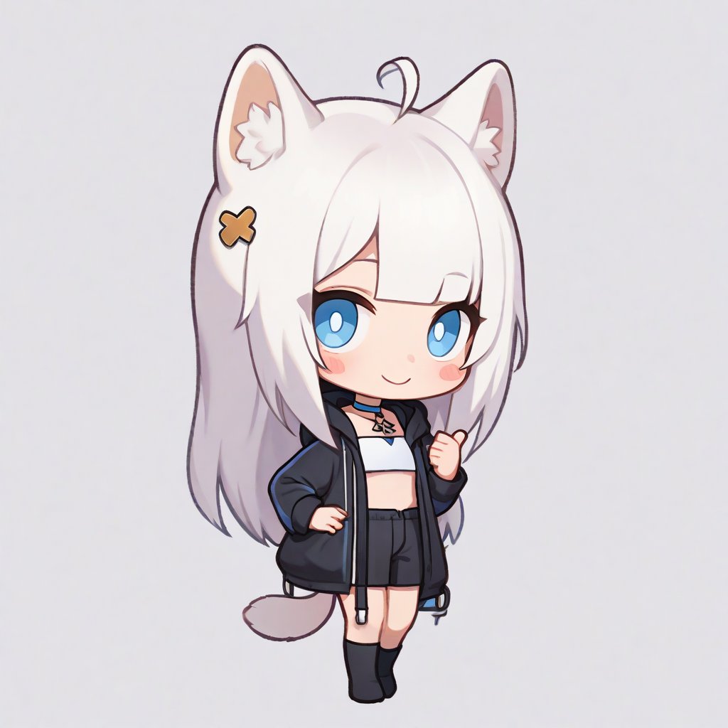 1girl, stoat girl, solo,  ((white hair)), very long hair, blue eyes, (straight hair), (bangs), animal ears, (stoat ears:1.2),
 Choker, ahoge, yaeba, (big white stoat Tail:1.2), (blue X hairpin), solo, long hair, looking at viewer, sticker image, blush, smile, bangs, blue eyes, skirt, simple background, shirt, white background, bow, animal ears, very long hair, closed mouth, standing, tail, full body, no shoes, hand up, chibi, animal ear fluff, hand on hip, (White collared sleeveless top, (midriff), blue chest bow), (black hooded oversized jacket:1.2), (jacket zipper half unzipped), (black short pants) (Off the shoulders),  index finger raised, extra ears, 