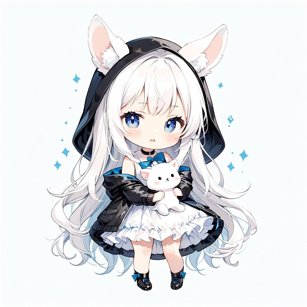 chibi, masterpiece, made by a master, 4k, perfect anatomy, perfect details, best quality, high quality, lots of detail.
(solo),1girl, ((white hair)), very long hair, blue eyes, (straight hair), (bangs), animal ears, (stoat ears:1.2), Choker, ahoge, fang, (big stoat Tail:1.2), (White sleeveless two piece dress, blue chest bow), (black hooded jacket:1.2), (Off the shoulders), (hugging a rabbit doll:1.2), single, looking at viewer, (full body) ,Emote Chibi. cute comic,simple background, flat color, Cute girl,Chibi Style,chibi emote style,cute,anime