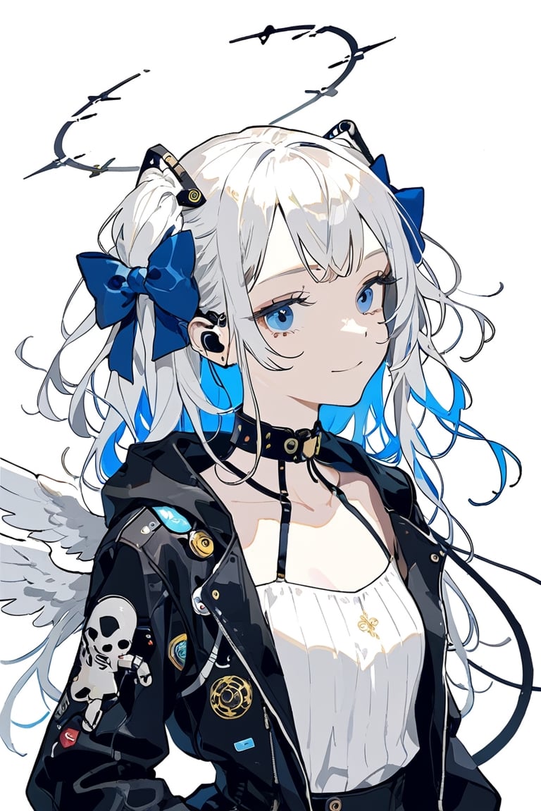 digital painting,1girl, angel, white hair, long curly hair, (two side up), blue eyes, two blue bows on head, (Double golden halo on her head), choker, angel wings on back, ahoge,cyberpunk, mechanical girl, cyborg, cable, exposed wires,
masterpiece, best quality, aethetic, closed mouth, jacket, simple background, smile, solo,aesthetic,Antilene_Heran_Fouche \(overlord\)