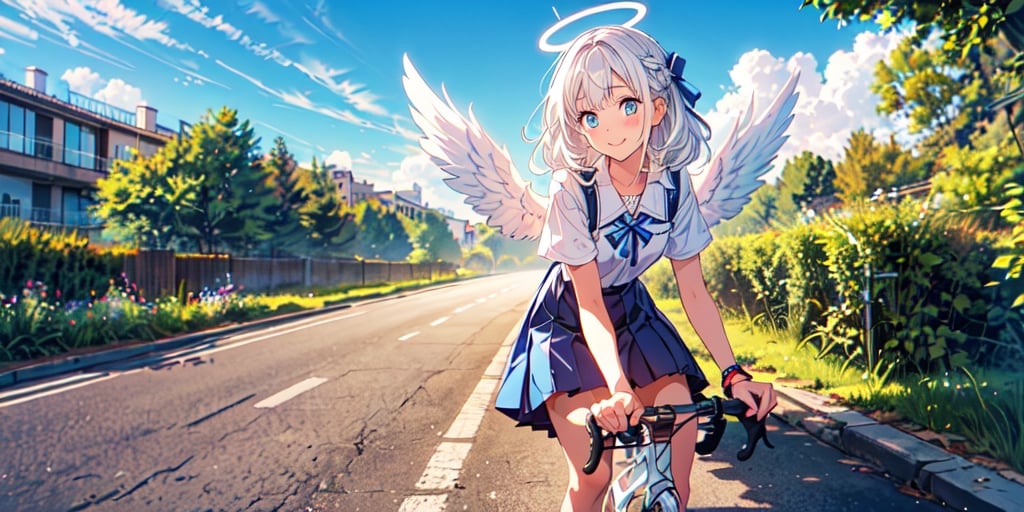  (Best Picture Quality, High Quality, Best Picture Score: 1.3), , Perfect Beauty Score: 1.5, long hair, 1 angel girl, (solo), ((white hair)), (long curly hair), blue eyes, ((two blue ribbons on her hair)), (Double golden halo on her head), (angel wings), (cute outfit), wearing short sleeve, cute smile, Riding a bicycle on the road, background is The sky , beautiful, cute, masterpiece, best quality,