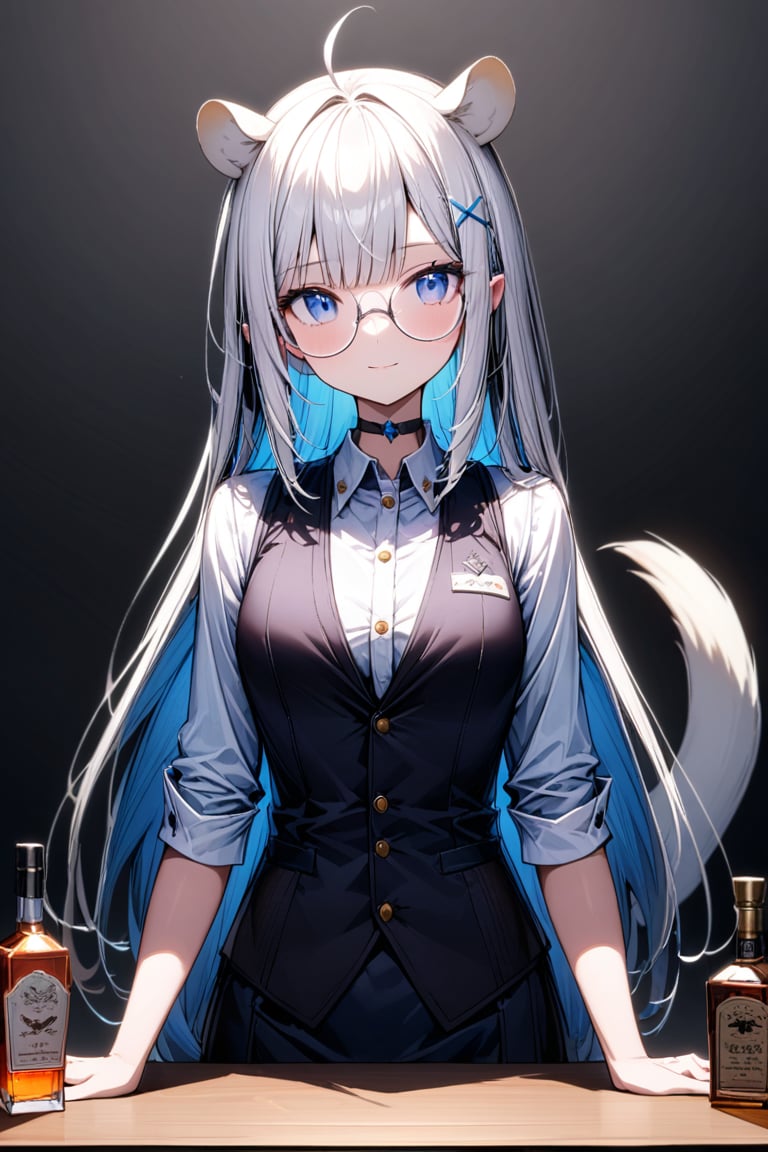 (extremely detailed fine touch:1.3), (from front shoot:1.3), upper body, 1girl, stoat girl, solo,  ((white hair)), very long hair, blue eyes, (straight hair), (bangs), animal ears, (stoat ears:1.2), Choker, ahoge, yaeba, (big white stoat Tail:1.2), (blue X hairpin), solo, alone, 2.5d, light smile, (((silver semi-rimless round eyewear:1.3))), bar, liquor bottle, bartender, Beautiful and detailed blue eyes and face, real skin glitter, pretty girl, bartender vest, rollup sleeve, neatly arranged liquor bottle, luxury label, atmospheric lighting, dark color palette,
