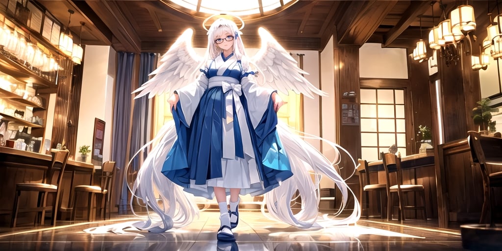  (Best Picture Quality, High Quality, Best Picture Score: 1.3), , Perfect Beauty Score: 1.5, long hair, 1 angel girl, (solo), ((white hair)), (long curly hair), blue eyes, ((two blue ribbons on her hair)), (Double golden halo on her head), (angel wings), (cute outfit), glasses, Wearing Japanese maid outfit, reading, (In a Japanese cafe), (full_body), beautiful, cute, masterpiece, best quality,perfect light,