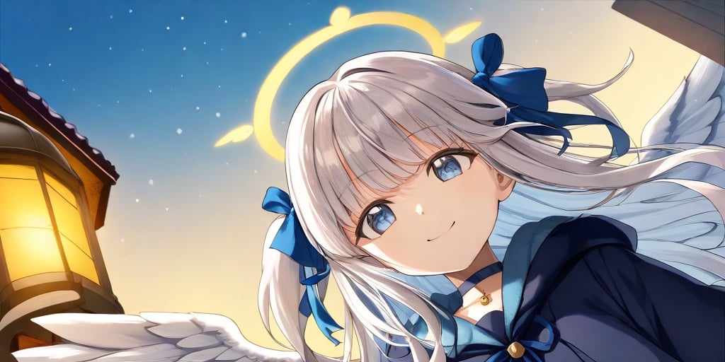 Anime-style illustration depicting a Japanese winter sky scene. A clear winter sky. A young girl,1angel, (white hair), long curly hair, blue eyes, (two blue ribbons on her hair), (Double golden halo on her head), ((angel wings)),  two side up, dress, cute outfit, best smile, cute face, wearing a choker and a hooded winter coat. The perspective is from below, choker, focusing on the girl, the street lamp against the clear winter sky.