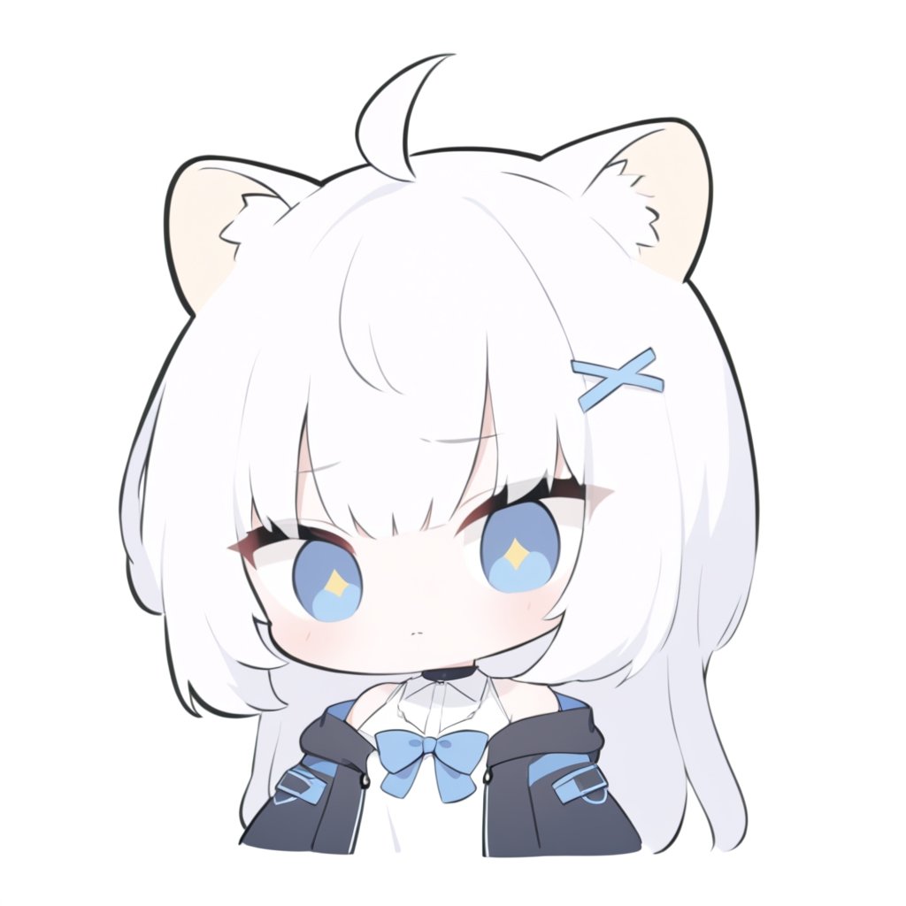 (chibi style), {{{masterpiece}}}, {{{best quality}}}, {{ultra-detailed}}, {beautiful detailed eyes},1girl, solo,  ((white hair)), very long hair, blue eyes, (straight hair), (bangs), animal ears, (stoat ears:1.2), Choker, ahoge, fangs, (big stoat Tail:1.2), (X hairpin), (White sleeveless collared dress, (Two-piece dress), (blue chest bow)), (black hooded oversized jacket:1.2), (Off the shoulders), ((shadow face:1.2)), (angry eyes), (closed mouth), upper body,chibi emote style,chibi,emote, cute,Emote Chibi,Line Chibi yellow