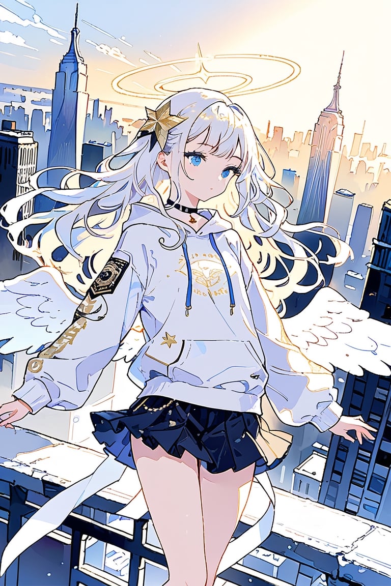 ultra detailed, masterpiece, best quality, 8k, high resolutionl, aesthetic, 1girl, angel, white hair, long curly hair, two side up,blue eyes, two blue ribbons on her hair, (Double golden halo on her head), choker, angel wings, solid color hoodie jacket, short skirt, new york, detailed background, 