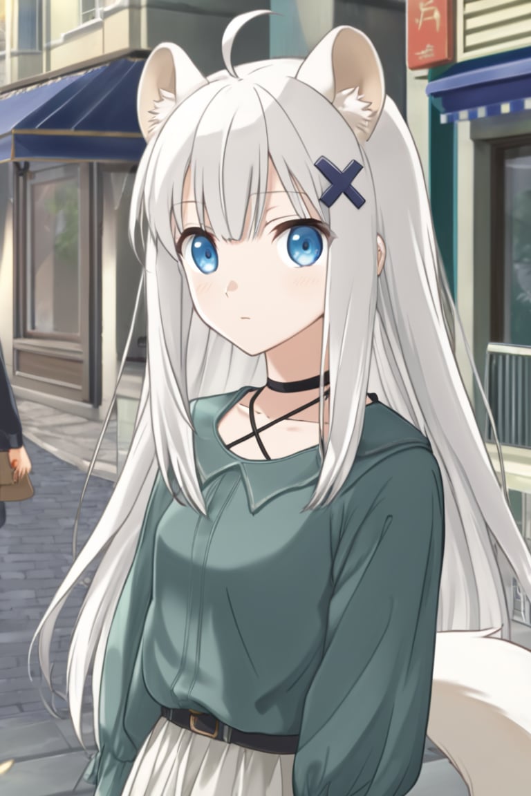 1girl, stoat girl, solo,  ((white hair)), very long hair, blue eyes, (straight hair), (bangs), animal ears, (stoat ears:1.2),
 Choker, ahoge, yaeba, (big white stoat Tail:1.2), (blue X hairpin),  casual outfit, outdoors, looking at viewer, close view,midjourney,anime,1girl_Anime,Detail