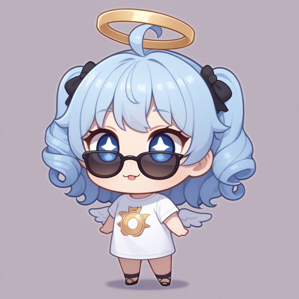 (chibi style), {{{masterpiece}}}, {{{best quality}}}, {{ultra-detailed}}, {beautiful detailed eyes}. 1girl, angel, white hair, long curly hair, (two side up), blue eyes,  (curly hair:1.2), (wavy hair), (hair curls), (bangs), (two side up), two blue hair ties on head, (Double golden halo on her head), choker, angel wings, ahoge, fang, (white T-shirt), (rapping), (black sunglasses), (microphone), upper body,chibi emote style,chibi,emote, cute,Emote Chibi,anime,