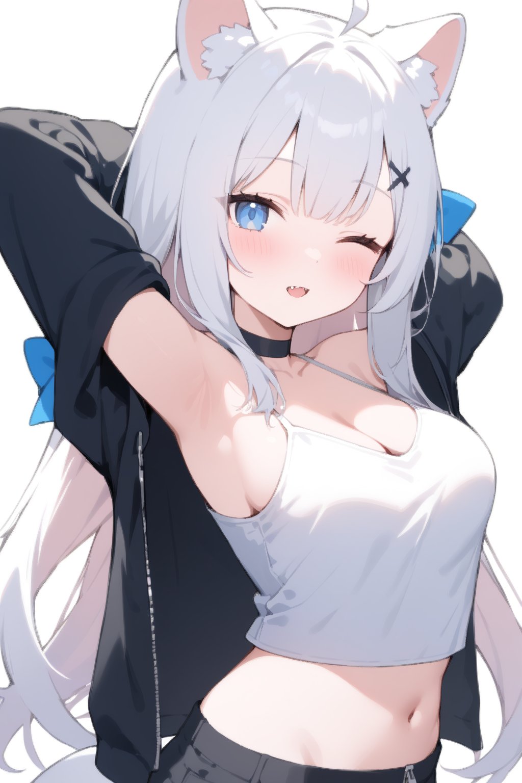 1girl, stoat girl, solo,  ((white hair)), very long hair, blue eyes, (straight hair), (bangs), animal ears, (stoat ears:1.2),
 Choker, ahoge, fangs, (big stoat Tail:1.2), (blue X hairpin), (White collared sleeveless top, (midriff), blue chest bow), 
(black hooded oversized jacket:1.2), (jacket zipper half unzipped), (black short pants) (Off the shoulders),solo, breasts, looking at viewer, blush, bangs, simple background, hair ornament, white background, navel, cleavage, medium breasts, collarbone, jacket, upper body, multicolored hair, one eye closed, midriff, virtual youtuber, hood,armpits, arms up, camisole, cropped torso, colored inner hair, stretching, black camisole, vivid color, masterpiece, best quality, amazing quality, very aesthetic, absurdres, depth of field, score_9, score_8, score_7, score_6,sexy girl,1girl,GEN