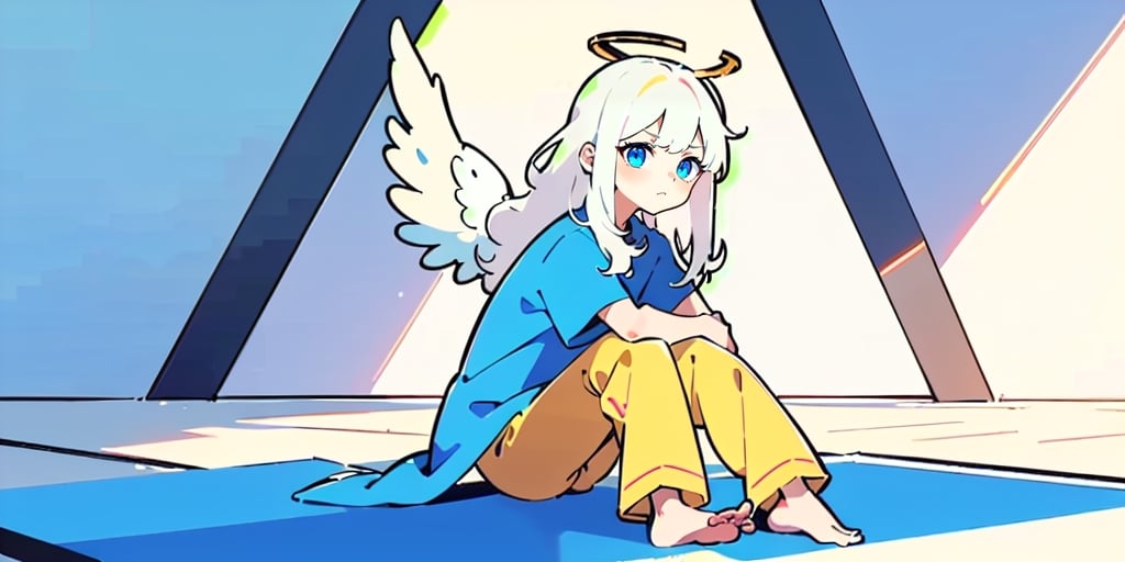  (Best Picture Quality, High Quality, Best Picture Score: 1.3), , Perfect Beauty Score: 1.5, long hair, 1 angel girl, (solo), ((white hair)), (long curly hair), blue eyes, ((two blue ribbons on her hair)), (Double golden halo on her head), (angel wings), (cute outfit), Wearing a T-shirt and pajamas trousers, Sitting on the floor in a room with no lights on, sad expression, beautiful, cute, masterpiece, best quality,isometric
