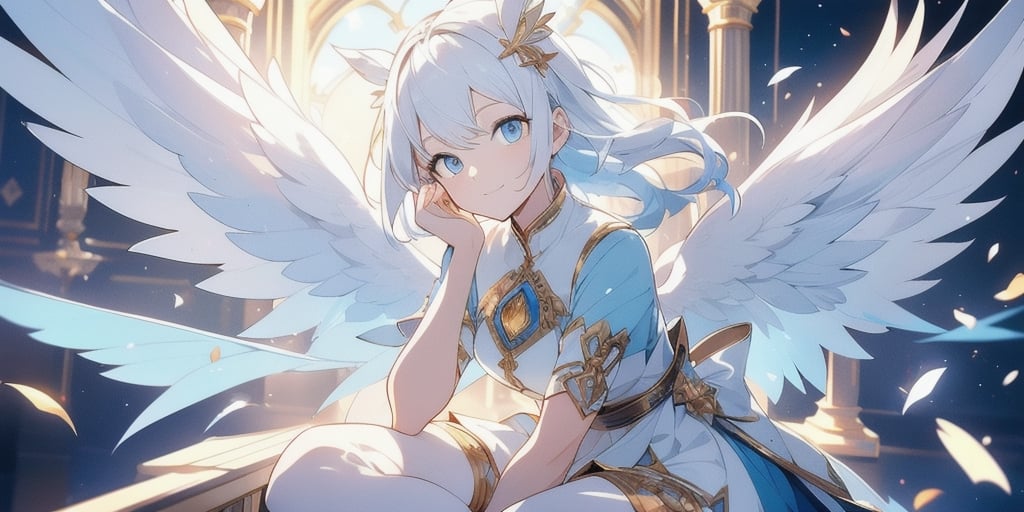 vibrant colors, female, masterpiece, sharp focus, best quality, depth of field, cinematic lighting, ((solo, one woman )), (illustration, 8k CG, extremely detailed), masterpiece, ultra-detailed,
1angel, (white hair), long curly hair, blue eyes, (two blue ribbons on her hair), (Double golden halo on her head), angel wings, dress, cute outfit, Sitting on a seat, look to the sky, best smile, cute face, perfect light,1girl white hair blue eyes x hair ornament