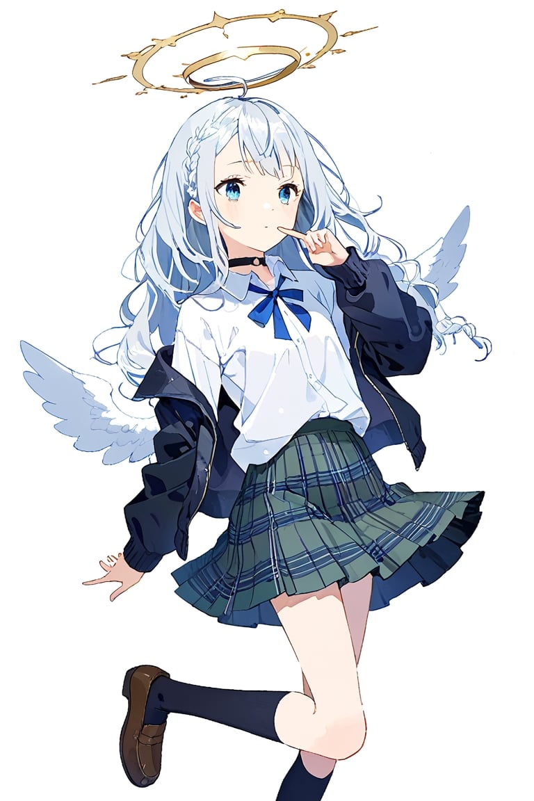 a cute girl,1girl, angel, white hair, long curly hair, ((two side up)), blue eyes, two blue  hair ribbons, (Double golden halo on her head), choker, angel wings on back, ahoge, shirt, long sleeves, white background, closed mouth, standing,  jacket, full body, braid, pleated skirt, open clothes, shoes, socks, collared shirt, hand up, open jacket, plaid, plaid skirt, brown footwear, cardigan, wing collar, green skirt, black socks, loafers, index finger raised, white shirt,striking a pose with index finger on the chin, indicating confidence or feeling suave,:d,natural light,blush,Mid-shot,masterpiece, best quality, aethetic,（head tilt：1.2）,fine anime screencap_xl