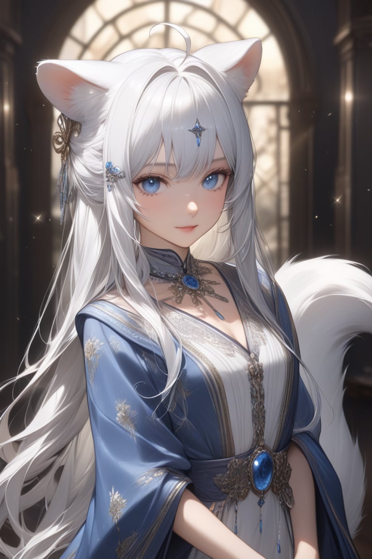 1girl, stoat girl, solo,  ((white hair)), very long hair, blue eyes, (straight hair), (bangs), animal ears, (stoat ears:1.2),
 Choker, ahoge, yaeba, (big white stoat Tail:1.2), (blue X hairpin), Beautiful girl. She is very badass, she wears a very luxurious outfit, pretty detailed, shining skin, detailed skin, dynamic light, wallpaper quality, detailed eyes, shining, blue eyes, blurry background, detailed image, detailed skin, upper body, looking at viewer, stunning image, 8k, proffesional style, luxurious room in background. Water drop, ((masterpiece: 1.2)), light particles, ink droplets in background.,Masterpiece,Stunning image,Professional style