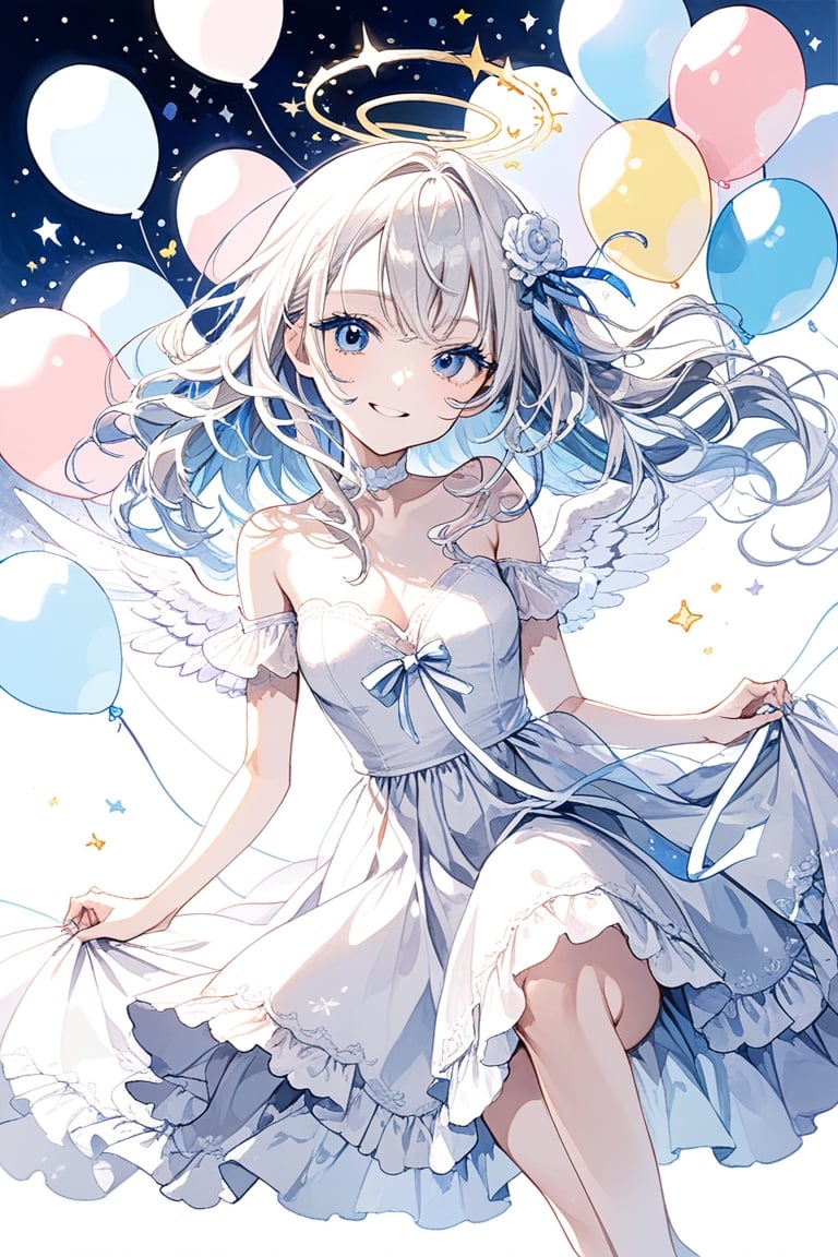 //quality
masterpiece, best quality, aesthetic, 
//Character
1girl, angel, white hair, long curly hair, (two side up), blue eyes, (two blue ribbons on her hair), (Double golden halo on her head), choker, angel wings, glossy lips, (beautiful and detailed eyes:1.1), big eyes, (medium breasts:1.1), (smirk:1.2), 
//Fashion
A girl with a light blue ribbon tied in her hair is wearing a fluffy and cute dress. The dress is white and blue with floral patterns, and the skirt is spread out to the knees. A ribbon of the same color as the light blue ribbon is decorated on the chest of the dress. The girl has a shy smile on her face and poses for the camera. Her eyes sparkle and her happy expression is impressive. The girl's illustration makes you feel a bright and gentle atmosphere.

Behind the girl, there is a colorful and fun background. Colorful balloons, flowers, stars, and hearts are floating in the sky. The colors of the background match the girl's dress and ribbon, enhancing the gorgeousness and cuteness. 
//Background 
(watercolor:0.6), dynamic pose, dynamic angle, 