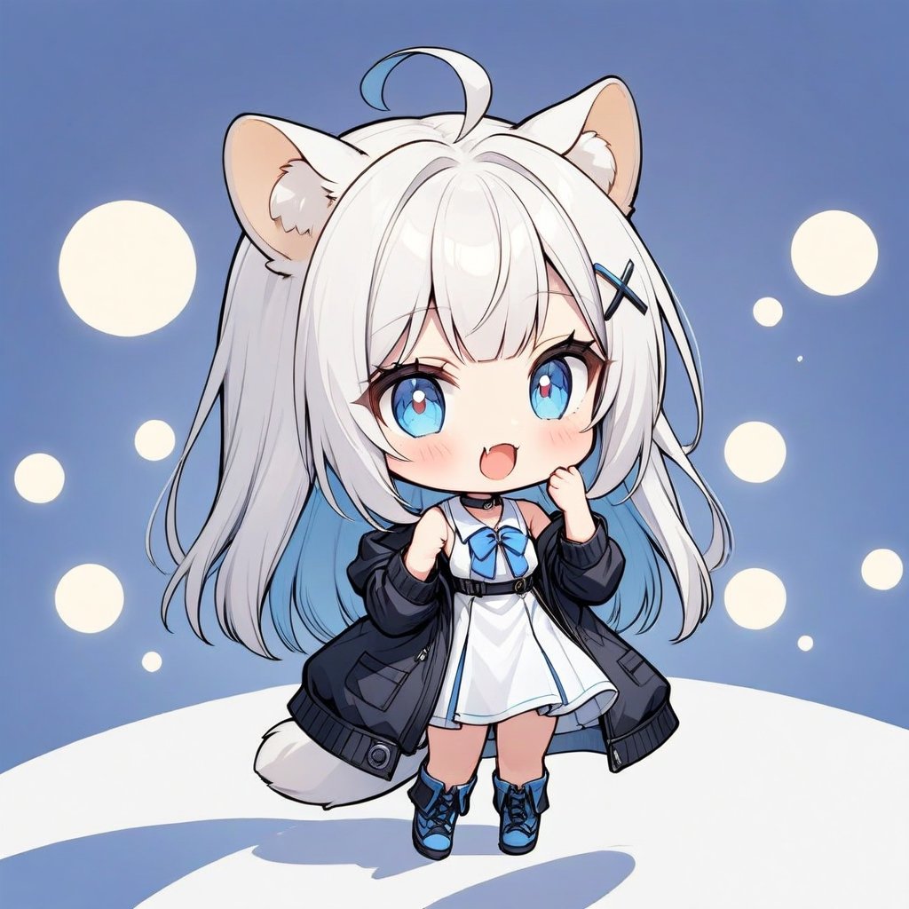 (chibi style), {{{masterpiece}}}, {{{best quality}}}, {{ultra-detailed}}, {beautiful detailed eyes},1girl, solo,  ((white hair)), very long hair, blue eyes, (straight hair), (bangs), animal ears, (stoat ears:1.2), Choker, ahoge, fangs, (big stoat Tail:1.2), (blue X hairpin), (White sleeveless collared dress, (Two-piece dress), (blue chest bow)), (black hooded oversized jacket:1.2), (Off the shoulders), 
(((>.<))), (hands on face), upper body,chibi emote style,chibi,emote, cute,Emote Chibi,comic book