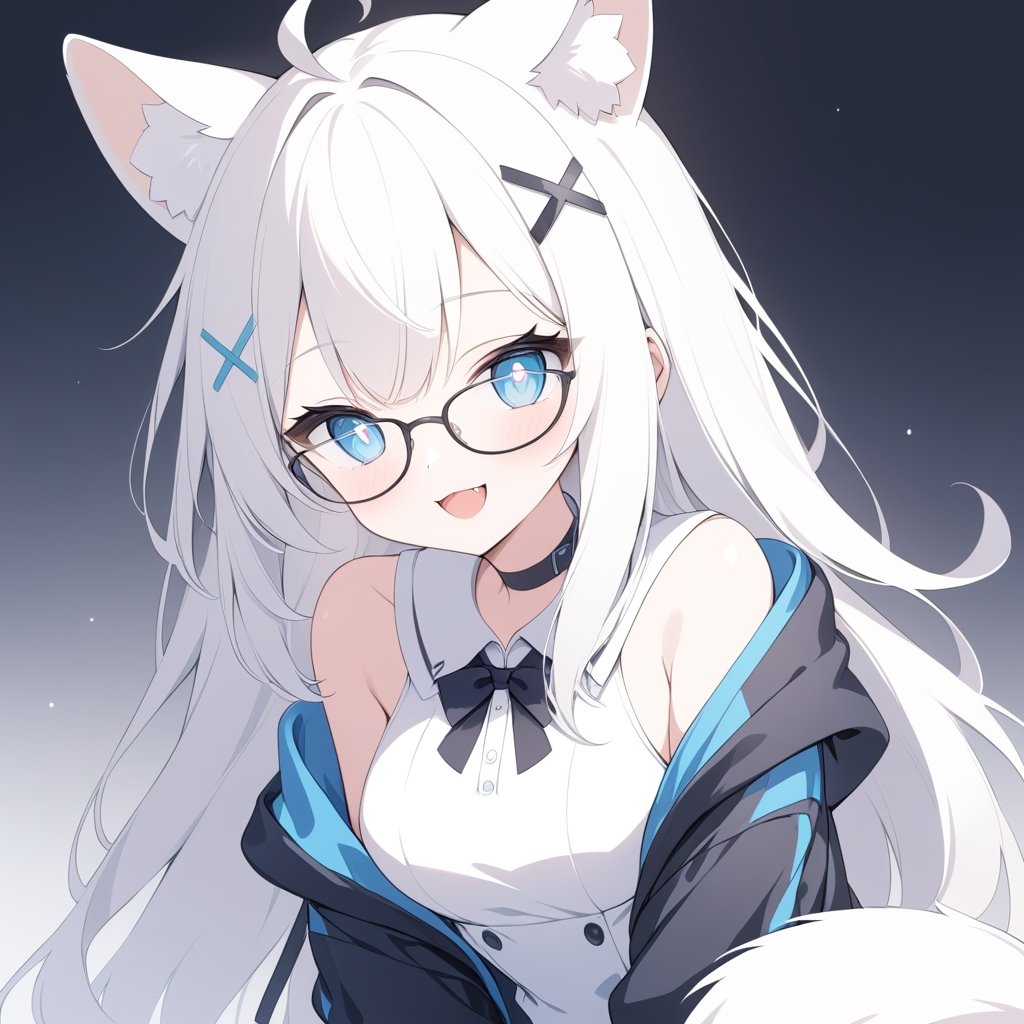 {{{masterpiece}}}, {{{best quality}}}, {{ultra-detailed}}, {beautiful detailed eyes},1girl, solo,  ((white hair)), very long hair, blue eyes, (straight hair), (bangs), animal ears, (stoat ears:1.2), Choker, ahoge, fangs, (big stoat Tail:1.2), (X hairpin), (White sleeveless collared dress, blue chest bow), (black hooded oversized jacket:1.2), (Off the shoulders), (glasses), O_O, smile, hand on face, upper body,chibi emote style,chibi,emote,