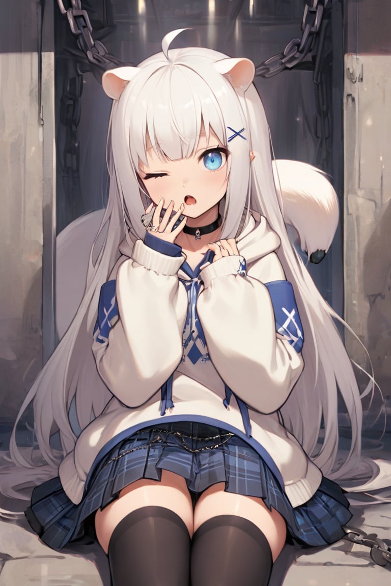 1girl, stoat girl, solo,  ((white hair)), very long hair, blue eyes, (straight hair), (bangs), animal ears, (stoat ears:1.2),
 Choker, ahoge, yaeba, (big white stoat Tail:1.2), (blue X hairpin), solo, looking at viewer, open mouth, bangs, blue eyes, skirt, thighhighs, long sleeves, hair between eyes, sitting, pleated skirt, one eye closed, choker, puffy sleeves, black thighhighs, hood, sleeves past wrists, plaid, hoodie, chain, black choker, plaid skirt, piercing, hood down, puffy long sleeves, ;o, white hoodie, yawning