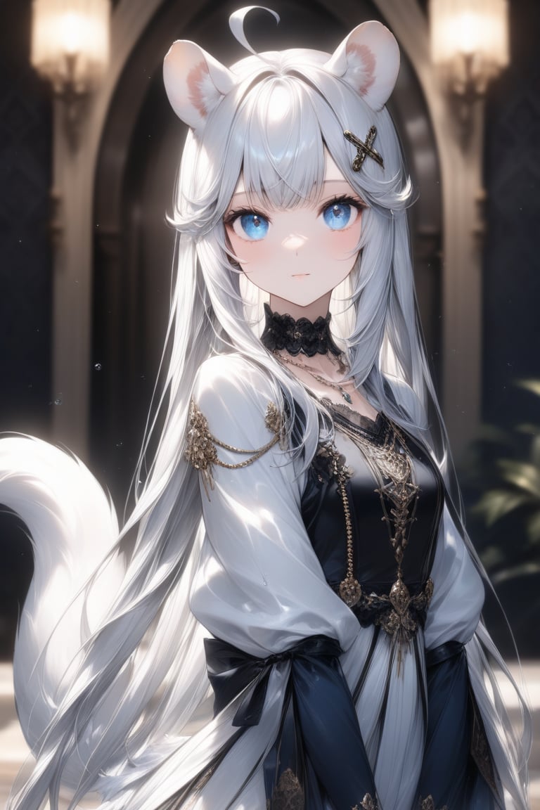 1girl, stoat girl, solo,  ((white hair)), very long hair, blue eyes, (straight hair), (bangs), animal ears, (stoat ears:1.2),
 Choker, ahoge, yaeba, (big white stoat Tail:1.2), (blue X hairpin), Beautiful girl. She is very badass, she wears a very luxurious outfit, pretty detailed, shining skin, detailed skin, dynamic light, wallpaper quality, detailed eyes, shining, blue eyes, blurry background, detailed image, detailed skin, upper body, looking at viewer, stunning image, 8k, proffesional style, luxurious room in background. Water drop, ((masterpiece: 1.2)), light particles, ink droplets in background.,Masterpiece,Stunning image,Professional style