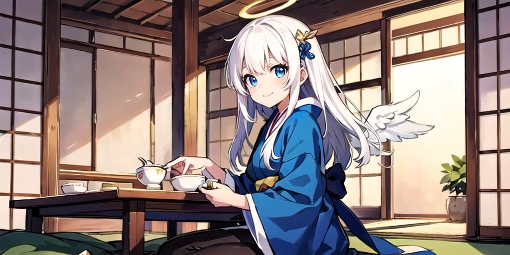  (Best Picture Quality, High Quality, Best Picture Score: 1.3), , Perfect Beauty Score: 1.5, long hair, 1 angel girl, (solo), ((white hair)), (long curly hair), blue eyes, ((two blue ribbons on her hair)), (Double golden halo on her head), (angel wings), (cute outfit), cute smile, Japanese witch costume, (Japanese cotton-padded jacket), sitting at the Kotatsu table, beautiful, cute, masterpiece, best quality,
