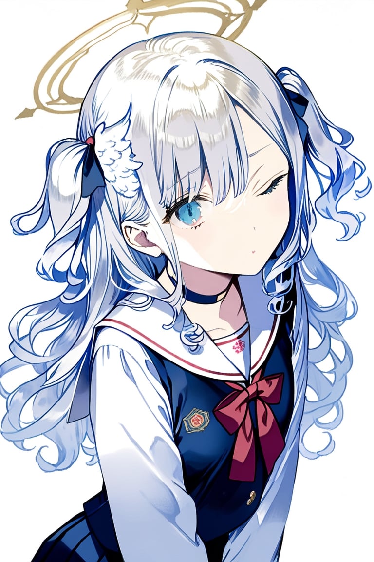 masterpiece, best quality, aesthetic,a mature 1girl, angel, white hair, long curly hair, (two side up), blue eyes, Two blue hair ties on head , (Double golden halo on her head), choker, angel wings,ahoge,hair over one eye,samurai,(vintage jkseifuku:1.4),sakura