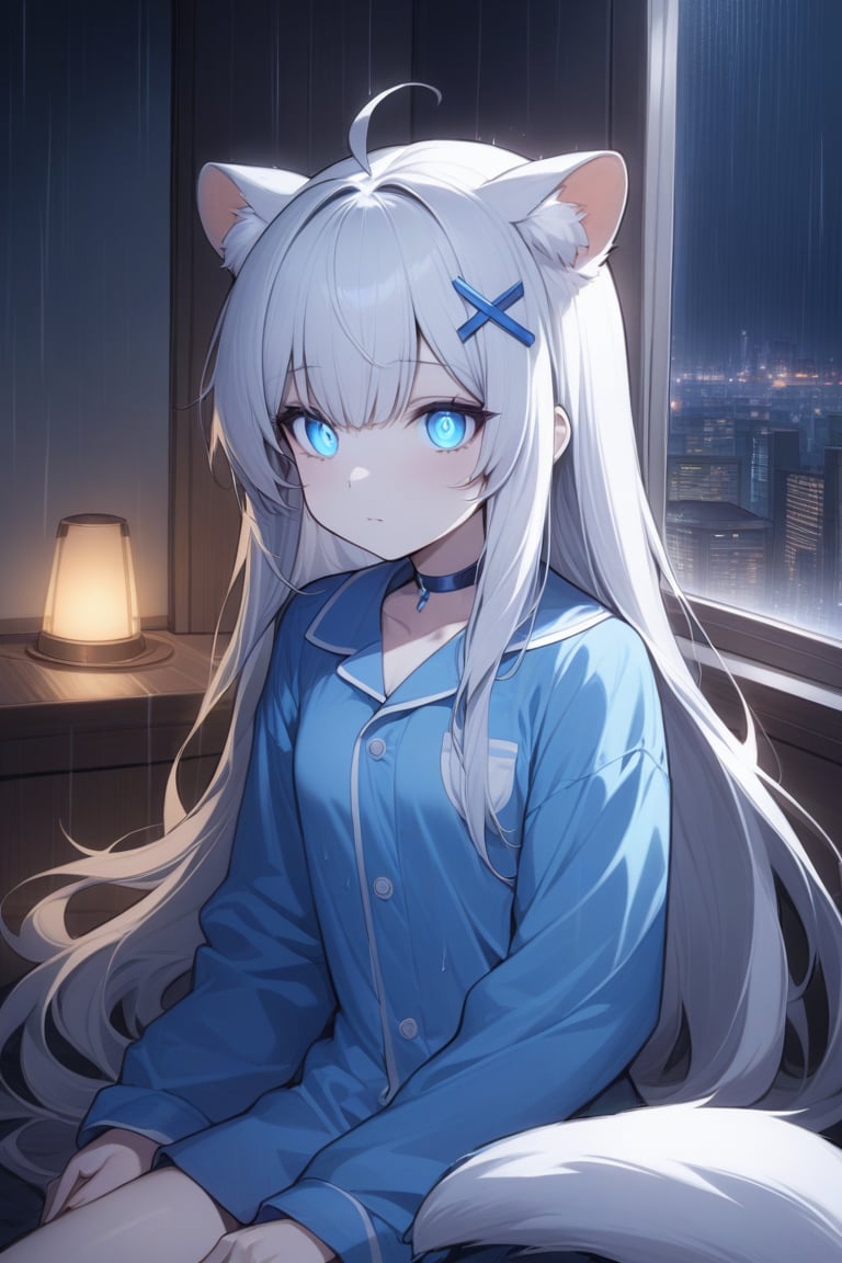 detailed, (masterpiece), very_aesthetic, absurdres, pale_skin, solo, 1girl, stoat girl, solo,  ((white hair)), very long hair, blue eyes, (straight hair), (bangs), animal ears, (stoat ears:1.2),
 Choker, ahoge, yaeba, (big white stoat Tail:1.2), (blue X hairpin), glowing_eyes, upper_body, long_hair, night, indoors, pajamas, long_sleeves, sitting, closed_mouth, window, rain, cityscape, collared_shirt, skirt, night_sky, collarbone, building