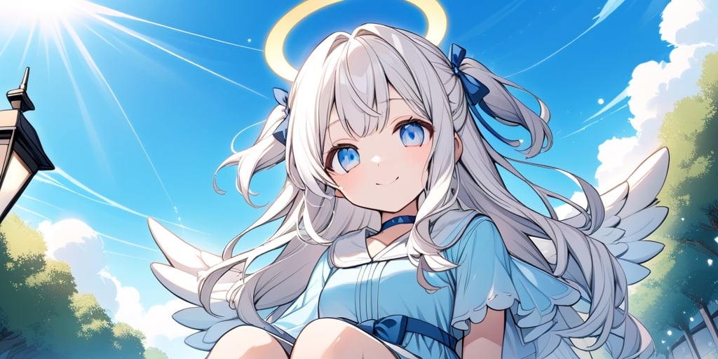 Anime-style illustration depicting a Japanese spring sky scene. A clear spring sky. A young girl,1angel, (white hair), long curly hair, blue eyes, (two blue ribbons on her hair), (Double golden halo on her head), ((angel wings)),  two side up, (a small feather on the front hair), dress, cute outfit, best smile, cute face, wearing a choker and a hooded spring coat. The perspective is from below, focusing on the girl, the street lamp against the clear spring sky. sitting,