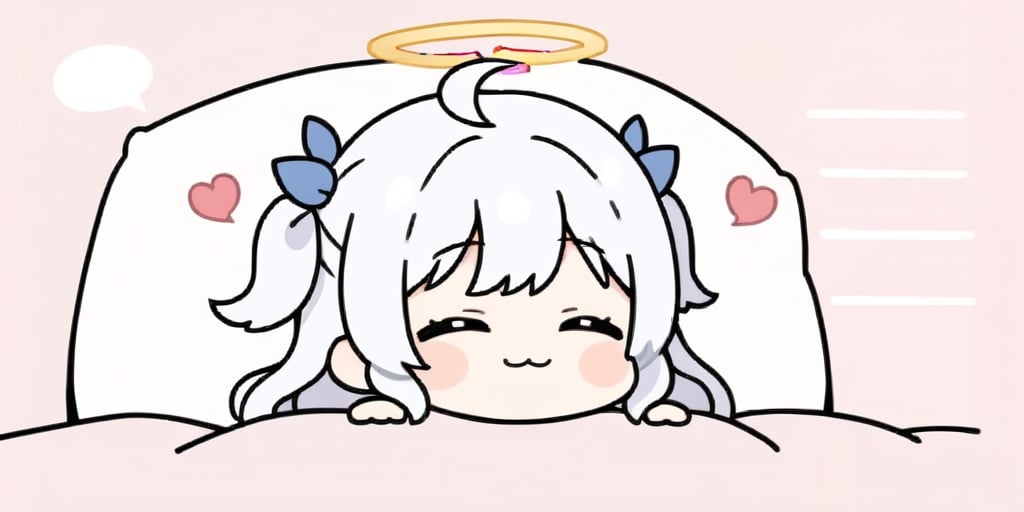 (chibi:1.3), masterpiece, made by a master, 4k, perfect anatomy, perfect details, best quality, high quality, lots of detail.
(solo),1girl, ((angel)), ((white hair)), (long hair:1.3), (two side up), blue eyes,  (curly hair:1.2), (wavy hair), (hair curls), (bangs), (two side up), two ((blue)) hair ties on head, ((Double golden halo on her head)), choker, ((angel wings)), ahoge, (white long sleeve hooded top), Black long pants, white socks, single, happy, smile, :3, thumbs up, shared speech bubble, spoken heart, futon, pillow, closed eyes, bed, sleeping, lying, under covers, blanket,, (full body) ,Emote Chibi. cute comic, (sakura background), flat color, Cute girl,dal,Chibi Style,lineart,