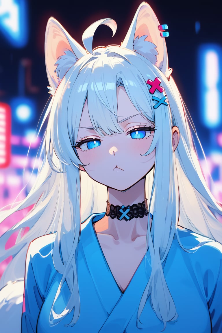  1girl, stoat girl, solo,  ((white hair)), very long hair, blue eyes, (straight hair), (bangs), animal ears, (stoat ears:1.2),
 Choker, ahoge, yaeba, (big white stoat Tail:1.2), (blue X hairpin), mature female, no pupils, straight-on, half-closed eyes, narrowed eyes, pout, blurry background, alp, (((neon theme))), perfect_hands, dark theme, vivid color, masterpiece, best quality, amazing quality, very aesthetic, absurdres, depth of field, score_9, archi-ghelber-style