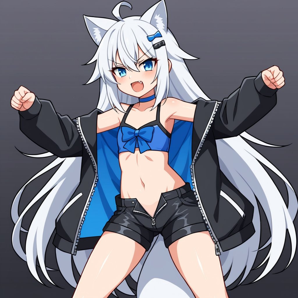 1girl, stoat girl, solo,  ((white hair)), very long hair, blue eyes, (straight hair), (bangs), animal ears, (stoat ears:1.2),
 Choker, ahoge, fangs, (big stoat Tail:1.2), (blue X hairpin), (White collared sleeveless top, (midriff), blue chest bow), 
(black hooded oversized jacket:1.2), (jacket zipper half unzipped), (black short pants) (Off the shoulders), anime, fightng pose,Anime Style.,kawaii,