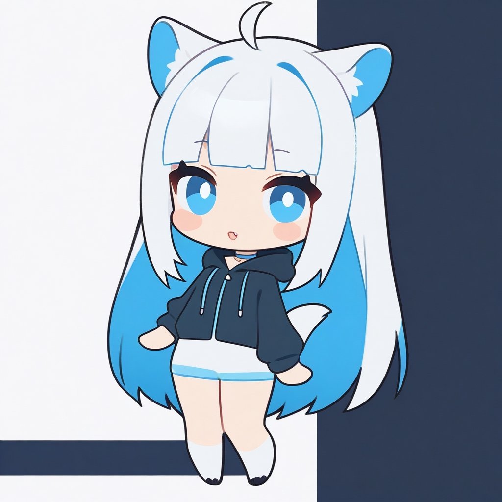 chibi, masterpiece, made by a master, 4k, perfect anatomy, perfect details, best quality, high quality, lots of detail.
(solo),1girl, ((white hair)), very long hair, blue eyes, (straight hair), (bangs), animal ears, (stoat ears:1.2), Choker, ahoge, fang, (big stoat Tail:1.2), (White sleeveless two piece dress, blue chest bow), (black hooded jacket:1.2), (Off the shoulders), (playing with a rabbit:1.2), single, looking at viewer, (full body) ,Emote Chibi. cute comic,simple background, flat color, Cute girl,Chibi Style,chibi emote style,aesthetic