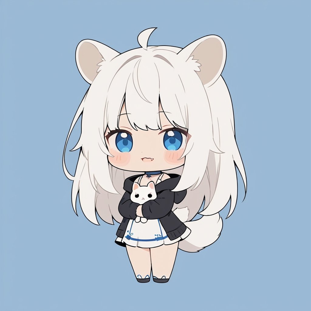 chibi, masterpiece, made by a master, 4k, perfect anatomy, perfect details, best quality, high quality, lots of detail.
(solo),1girl, ((white hair)), very long hair, blue eyes, (straight hair), (bangs), animal ears, (stoat ears:1.2), Choker, ahoge, fang, (big stoat Tail:1.2), (White sleeveless two piece dress, blue chest bow), (black hooded jacket:1.2), (Off the shoulders), (hugging a rabbit doll:1.2), single, looking at viewer, (full body) ,Emote Chibi. cute comic,simple background, flat color, Cute girl,Chibi Style,chibi emote style,cute,anime