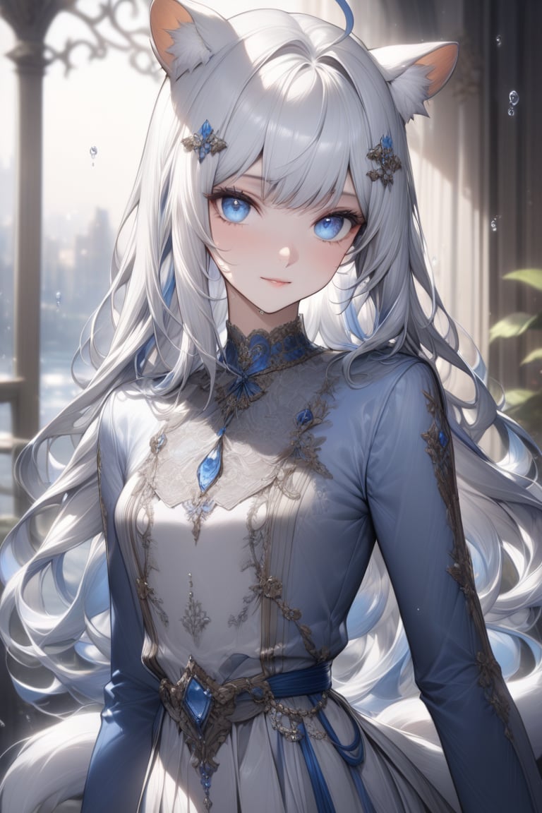 1girl, stoat girl, solo,  ((white hair)), very long hair, blue eyes, (straight hair), (bangs), animal ears, (stoat ears:1.2),
 Choker, ahoge, yaeba, (big white stoat Tail:1.2), (blue X hairpin), Beautiful girl. She is very badass, she wears a very luxurious outfit, pretty detailed, shining skin, detailed skin, dynamic light, wallpaper quality, detailed eyes, shining, blue eyes, blurry background, detailed image, detailed skin, upper body, looking at viewer, stunning image, 8k, proffesional style, luxurious room in background. Water drop, ((masterpiece: 1.2)), light particles, ink droplets in background.,Masterpiece,Stunning image,Professional style