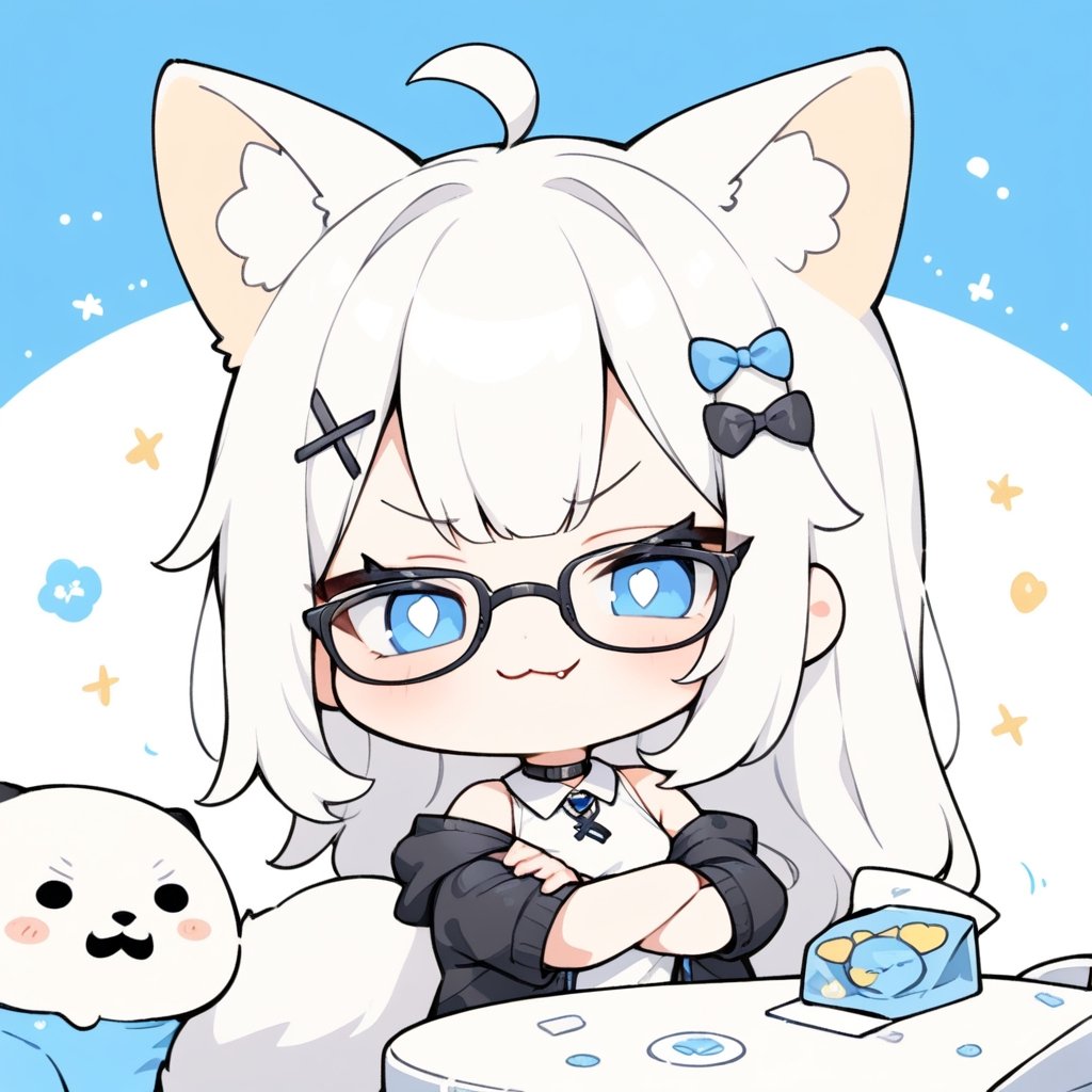 (chibi style), {{{masterpiece}}}, {{{best quality}}}, {{ultra-detailed}}, {beautiful detailed eyes},1girl, solo,  ((white hair)), very long hair, blue eyes, (straight hair), (bangs), animal ears, (stoat ears:1.2), Choker, ahoge, fangs, (big stoat Tail:1.2), (X hairpin), (White sleeveless collared dress, blue chest bow), (black hooded oversized jacket:1.2), (Off the shoulders), (glasses), (smug smile), ((with arms folded)), upper body,chibi emote style,chibi,emote,aesthetic, ,comic book,cute comic