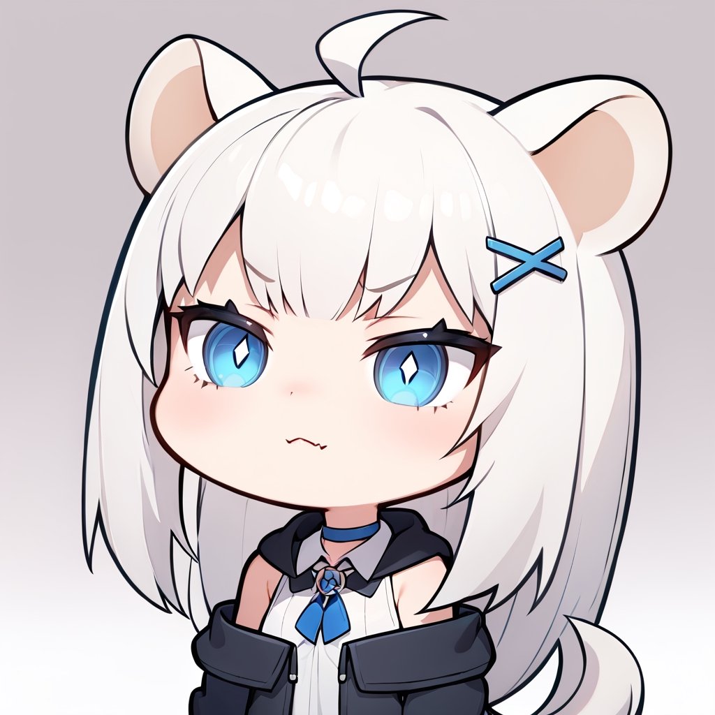 (chibi style), {{{masterpiece}}}, {{{best quality}}}, {{ultra-detailed}}, {beautiful detailed eyes},1girl, solo,  ((white hair)), very long hair, blue eyes, (straight hair), (bangs), animal ears, (stoat ears:1.2), Choker, ahoge, fangs, (big stoat Tail:1.2), (X hairpin), (White sleeveless collared dress, blue chest bow), (black hooded oversized jacket:1.2), (Off the shoulders), ((closed eyes:1.2)), (T.T), (closed mouth), upper body,chibi emote style,chibi,emote, cute,