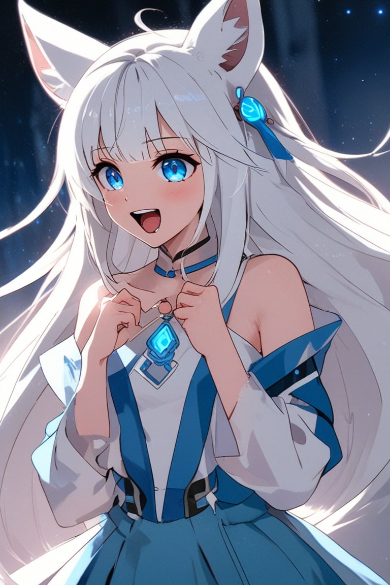 1girl, stoat girl, solo,  ((white hair)), very long hair, blue eyes, (straight hair), (bangs), animal ears, (stoat ears:1.2),
 Choker, ahoge, fangs, (big stoat Tail:1.2), (blue X hairpin), (blue chest bow), cute outfit, portrait, anime style, night light, charming, nature, FuturEvoLabAnime