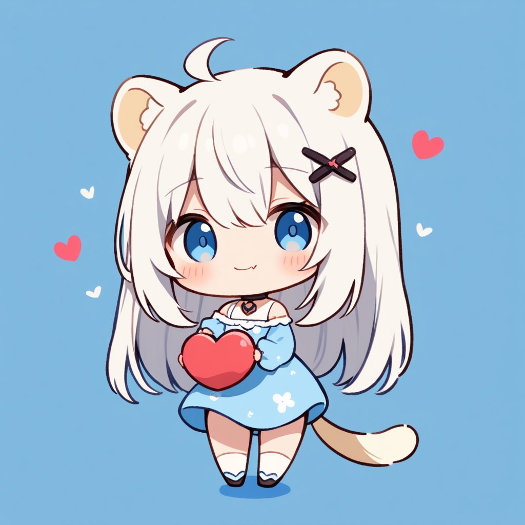 masterpiece, 1girl, stoat girl, solo,  ((white hair)), very long hair, blue eyes, (straight hair), (bangs), animal ears, (stoat ears:1.2),
 Choker, ahoge, fangs, (big stoat Tail:1.2), (blue X hairpin), solo, long hair, blush, bangs, simple background, cute dress, white background, hair between eyes, (((love))), (smiling), (((holding a big heart))), collarbone, ahoge, lips parted, off shoulder, chibi, (((up body))),flat style,