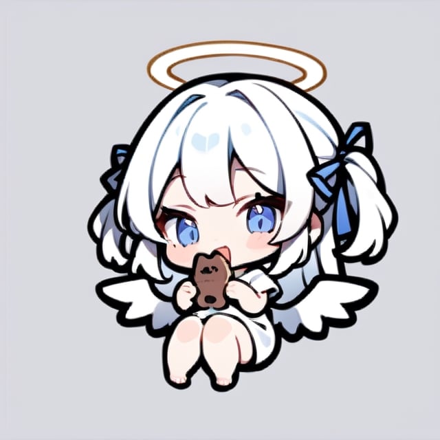  chibi, masterpiece, best quality, solo, 1girl, angel, (white hair), long curly hair, (two side up),blue eyes, (two blue ribbons on her hair), ((Double golden halo on her head)), choker, ((angel wings)), full body, cute smile, best smile, open mouth, Wearing white T-shirt, eating cat cookie,simple background,masterpiece,Chibi anime,doodle