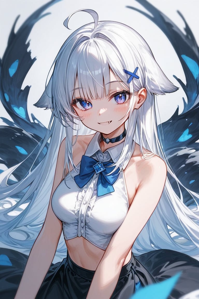 (score_9, score_8_up, score_7_up), 1girl, stoat girl, solo,  ((white hair)), very long hair, blue eyes, (straight hair), (bangs), animal ears, (stoat ears:1.2),
 Choker, ahoge, fangs, (big stoat Tail:1.2), (blue X hairpin), (White collared sleeveless top, (midriff), blue chest bow), dress, long hair, smile, solo, (medium breasts:2), white hair, black dress, looking at viewer, breasts, bare shoulders, sidelocks, collarbone, blush, sitting, purple eyes, blue eyes, beautiful eyes, (petite:2), blunt bangs, gradient hair, 