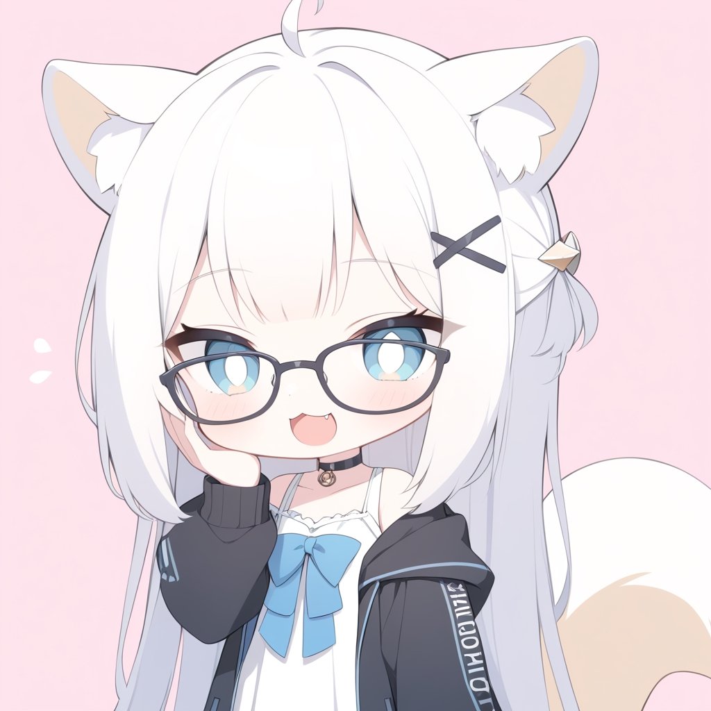 {{{masterpiece}}}, {{{best quality}}}, {{ultra-detailed}}, {beautiful detailed eyes},1girl, solo,  ((white hair)), very long hair, blue eyes, (straight hair), (bangs), animal ears, (stoat ears:1.2), Choker, ahoge, fangs, (big stoat Tail:1.2), (X hairpin), (White sleeveless collared dress, blue chest bow), (black hooded oversized jacket:1.2), (Off the shoulders), (glasses), O_O, smile, hand on face, upper body,chibi emote style,chibi,emote,aesthetic