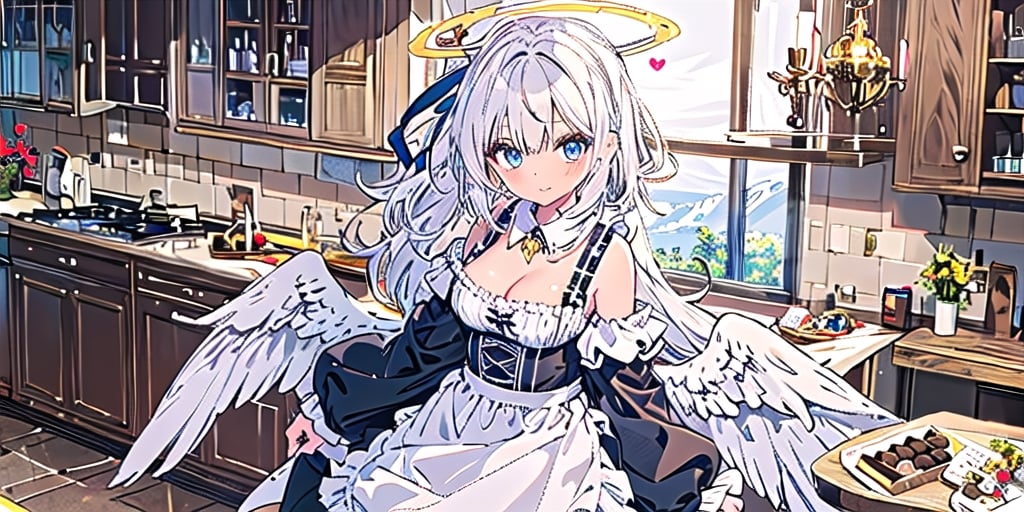 masterpiece, best quality, highres, kta1,1girl, angel, white hair, long curly hair, blue eyes, two blue ribbons on her hair, (Double golden halo on her head), angel wings, ponytail, detached sleeves, cleavage, In the kitchen, bare shoulders, medium breasts, Making heart shaped chocolates, wearing an apron, detached collar,perfect light,portrait