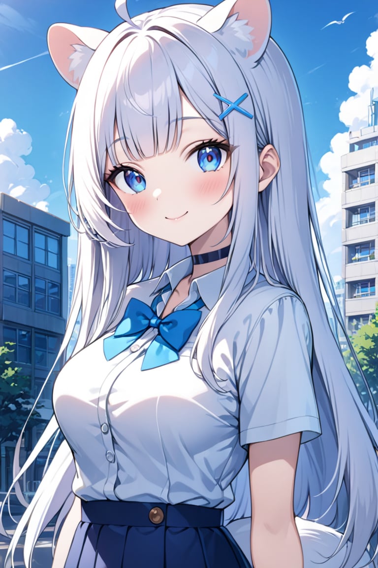 1girl, stoat girl, solo,  ((white hair)), very long hair, blue eyes, (straight hair), (bangs), animal ears, (stoat ears:1.2),
 Choker, ahoge, yaeba, (big white stoat Tail:1.2), (blue X hairpin), solo, long hair, breasts, looking at viewer, blush, smile, bangs, blue eyes, skirt, shirt,  bow, medium breasts, closed mouth, school uniform, standing, white shirt, short sleeves, cowboy shot, pleated skirt,  outdoors, sky, day, collared shirt, cloud, bowtie, bag, buttons, blue bow, blue skirt, building, blue bowtie