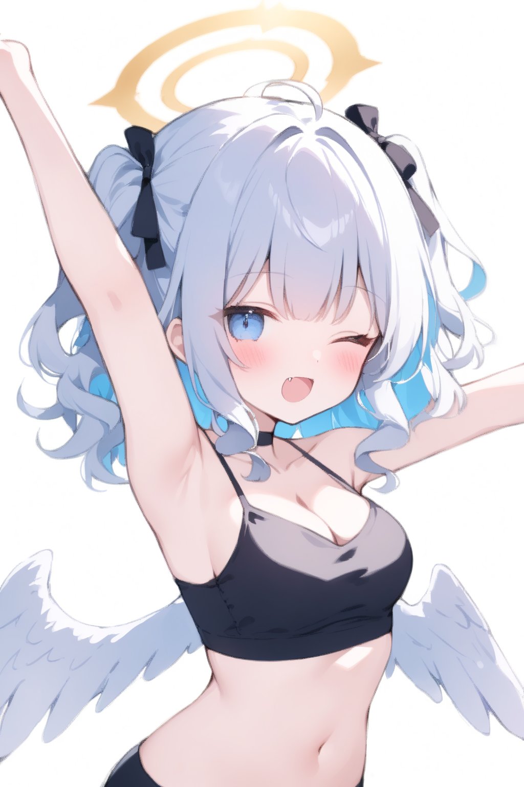 1girl, angel, white hair, long curly hair, (two side up), blue eyes,  (curly hair:1.2), (wavy hair), (hair curls)
, (bangs), (two side up), two blue hair ties on head, (Double golden halo on her head), bowtie choker, angel wings, ahoge, fang, solo, breasts, looking at viewer, blush, bangs, simple background, hair ornament, white background, navel, cleavage, medium breasts, collarbone, jacket, upper body, multicolored hair, one eye closed, midriff, wearing white T-shirt, hood, medium hair, armpits, arms up, camisole, cropped torso, colored inner hair, stretching, black camisole, vivid color, masterpiece, best quality, amazing quality, very aesthetic, absurdres, depth of field, score_9, score_8, score_7, score_6,sexy girl,1girl,watercolor \(medium\)