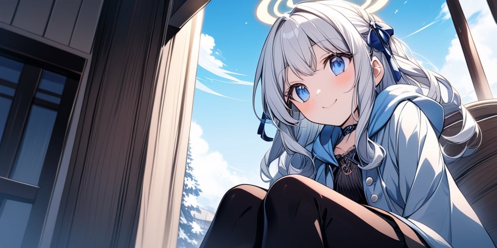 Anime-style illustration depicting a Japanese winter sky scene. A clear winter sky. A young girl,1angel, (white hair), long curly hair, blue eyes, (two blue ribbons on her hair), (Double golden halo on her head), angel wings, dress, cute outfit, Sitting on a seat, best smile, cute face, wearing a choker and a hooded winter coat. The perspective is from below, focusing on the girl, the street lamp against the clear winter sky.