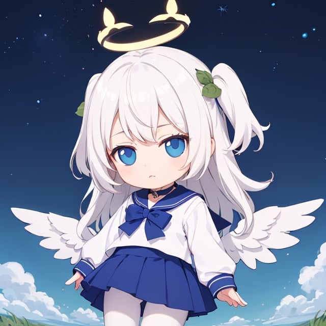  chibi, masterpiece, best quality,1girl, angel, white hair, long curly hair, two side up,blue eyes, two blue ribbons on her hair, (Double golden halo on her head), choker, angel wings,leaf on head, ahoge,blue school uniform,sailor collar,long sleeves,pleated skirt,white pantyhose,
,masterpiece