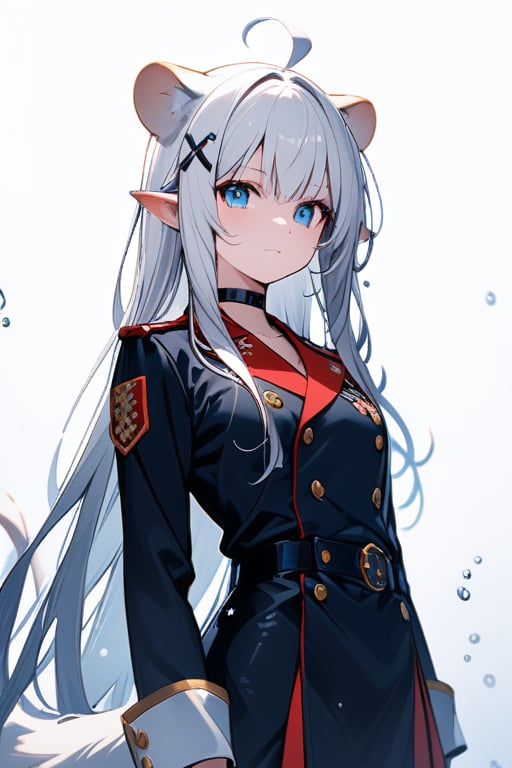 Beautiful girl. 1girl, stoat girl, solo,  ((white hair)), very long hair, blue eyes, (straight hair), (bangs), animal ears, (stoat ears:1.2),
 Choker, ahoge, yaeba, (big white stoat Tail:1.2), (blue X hairpin), She is very badass, she wears a very luxurious military uniform. detailed image, detailed skin, upper body, standing, looking at viewer, glowing eyes. White background, water drop, ((masterpiece: 1.2)), light particles, light particles in background, black hair, long hair, folding arms.