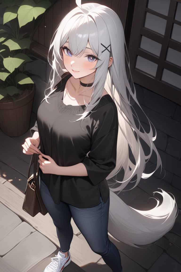 1girl, stoat girl, solo,  ((white hair)), very long hair, blue eyes, (straight hair), (bangs), animal ears, (stoat ears:1.2),
 Choker, ahoge, yaeba, (big white stoat Tail:1.2), (blue X hairpin), very beautiful girl, casual outfit (blouse, jeans, sneakers), Kyoto, watercolor splashes, masterpiece quality, stunning image, masterpiece, 8K, stunning image, light particles, attractive image, reflections, watercolor \(medium\)