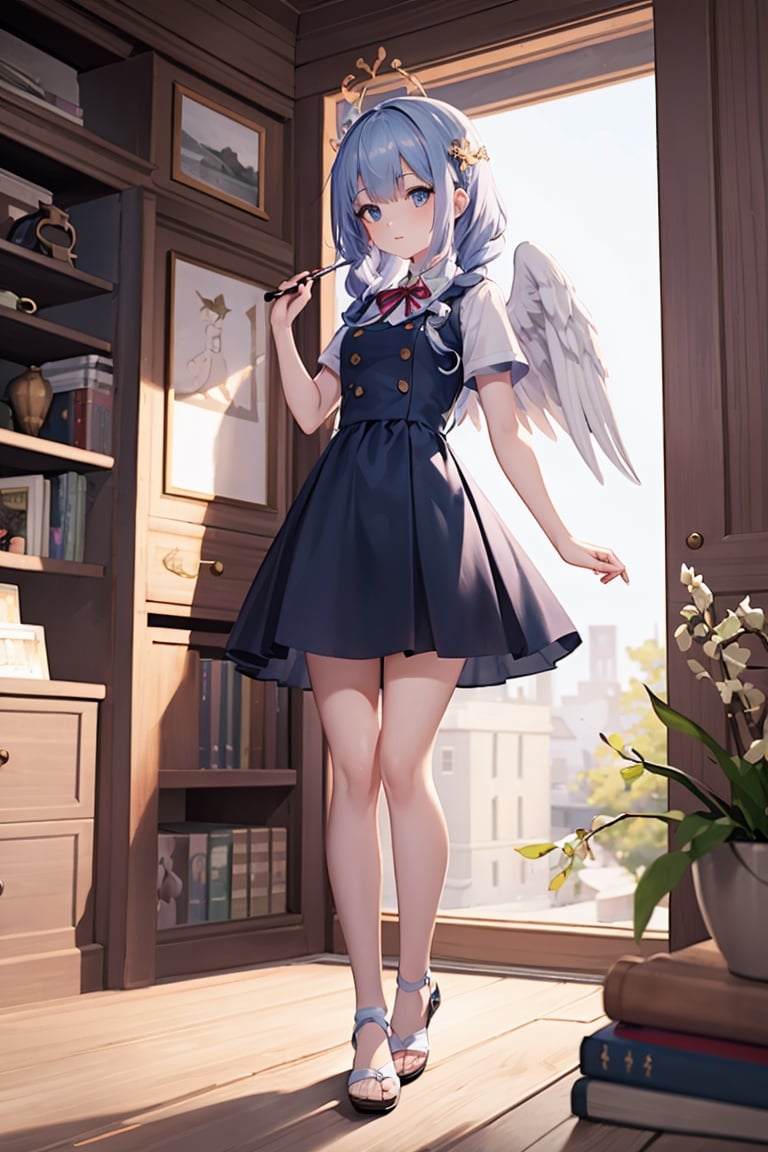 tall, A girl in the Library, Bright colors, Spring, willow branches, comfort, Warm sunlight,perfect,hand, angel, with sliver long curly hair, blue eyes, two blue ribbons on her hair, (Double golden halo on her head), angel wings, Slippers, Large blue Ribbon on the chest, School uniform, white Sandals, tall, sharp eyes, Wooden Unicorn Statue Background, a tall girl, long legs, mature, a small foot,phSaber,FFIXBG,masterpiece