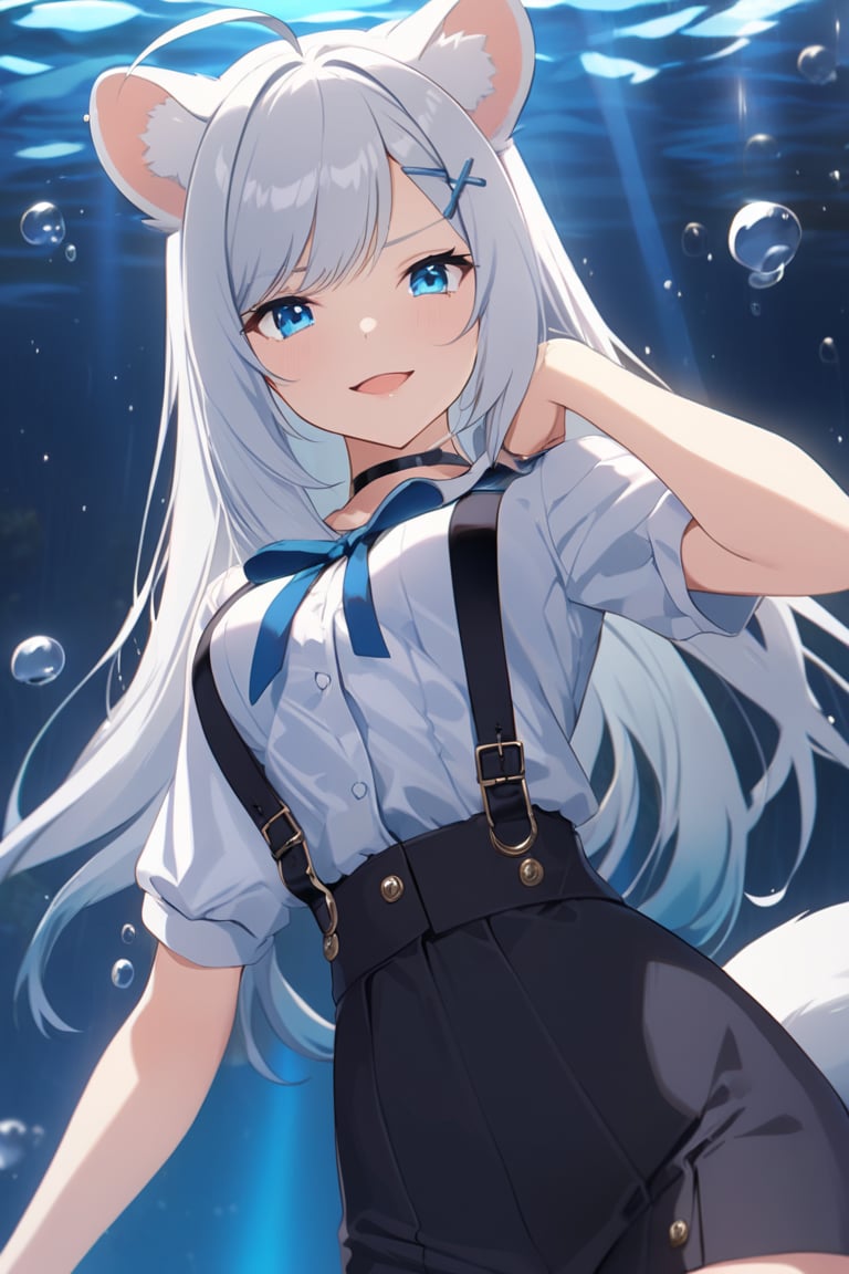 high detail, Smooth, sharp lines, score_9_up, score_8_up, detailed, masterpiece, super cute style, 1girl, stoat girl, solo,  ((white hair)), very long hair, blue eyes, (straight hair), (bangs), animal ears, (stoat ears:1.2),
 Choker, ahoge, yaeba, (big white stoat Tail:1.2), (blue X hairpin), solo, silver hair, white hair, (flirty, smug, eyebrow_raise), open mouth, close up, face, white shirt, button up shirt, blue bowtie, pretty lips, medium breasts, underwater, blue eyes, blue hair ribbon, short sleeves, bubbles, bedroom_eyes, swept_bangs, low-angle view,anime screencap,score_anime