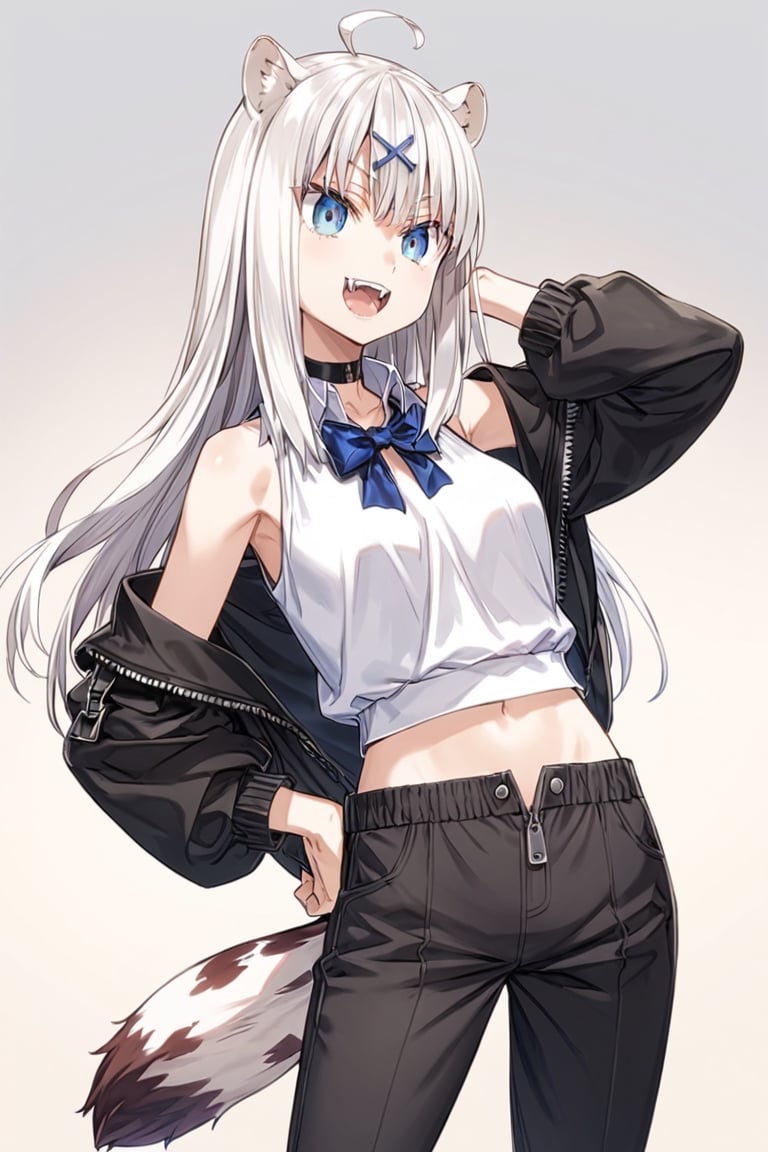 1girl, stoat girl, solo,  ((white hair)), very long hair, blue eyes, (straight hair), (bangs), animal ears, (stoat ears:1.2),
 Choker, ahoge, fangs, (big stoat Tail:1.2), (blue X hairpin), (White collared sleeveless top, (midriff), blue chest bow), 
(black hooded oversized jacket:1.2), (jacket zipper half unzipped), (black short pants) (Off the shoulders), hand on hip,anime,cg,aesthetic